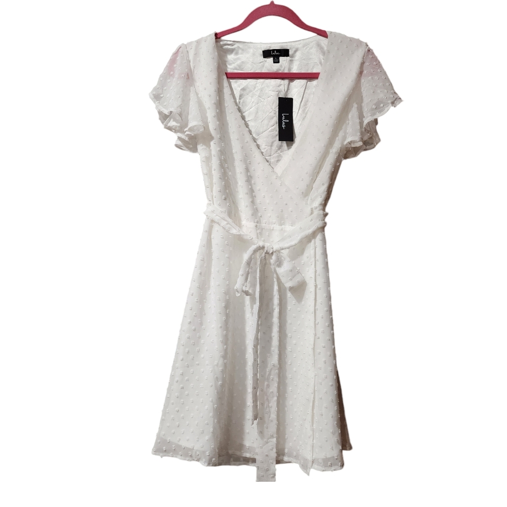 Lulus large Much to celebrate white swiss dot flutter sleeve wrap mini dress Nwt - Picture 2 of 5